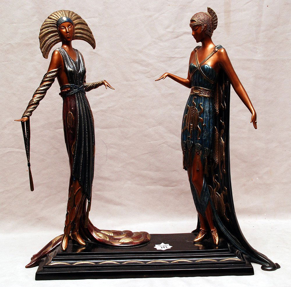 Erte bronze sculpture, 2 deco females "Two Vamps": Erte bronze sculpture, 2 deco females "Two Vamps", 18 1/2"h x 19"w