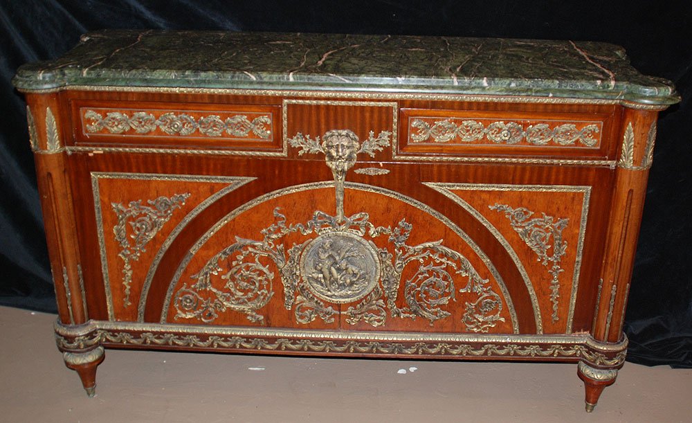 French sideboard with ormolu mounts, drawers over 2: French sideboard with ormolu mounts and marble top, drawers over 2 doors, 40"h x 65"w