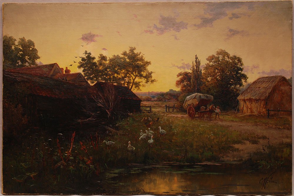 Charles Western (British 19th Century) oil on relined: Charles Western (British 19th Century) oil on relined canvas, Farm - ducks by pond, 20" x 30"