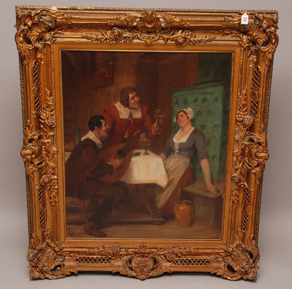 Victor Schivert (ROMANIAN, 1863-1926) oil on canvas,: Victor Schivert (ROMANIAN, 1863-1926) oil on canvas, signed lower left, Interior scene "In the Tavern" canvas size is 36-1/2" x 30-1/2" in large antique frame