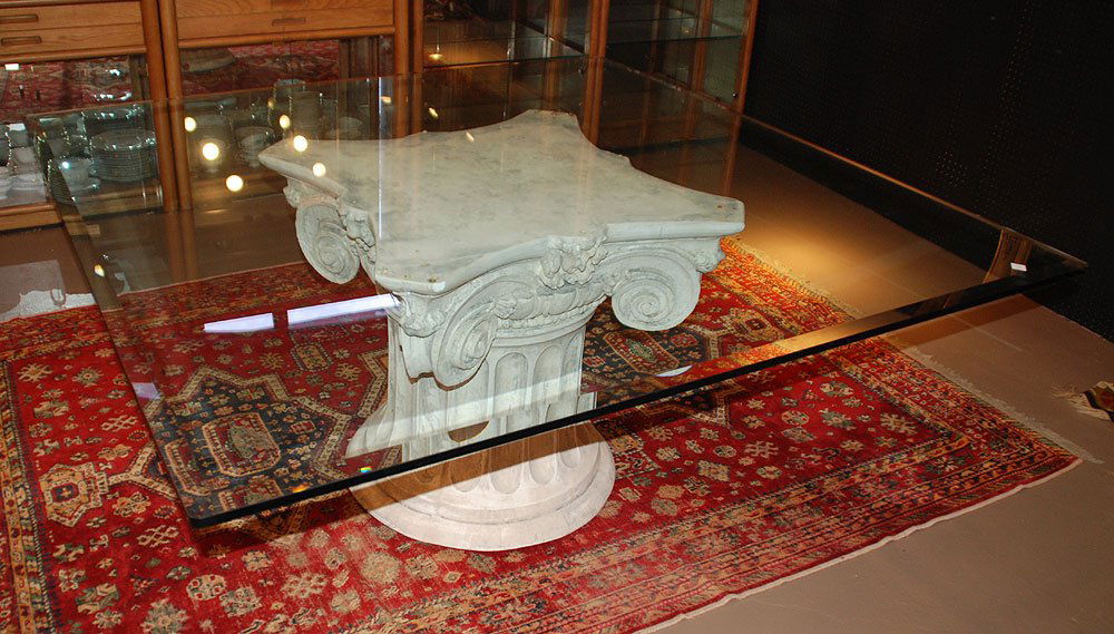 Beveled glass top table with separate composition: Beveled glass top table with separate composition pedestal base, 65" x 65"