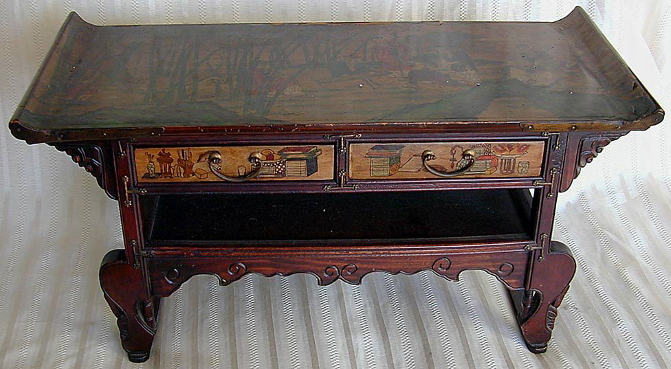 OLD CHINESE ALTAR TABLE A vintage Chinese decorated: OLD CHINESE ALTAR TABLE A vintage Chinese decorated altar table with 2 drawers and hand-painted with a scene of 9 old sages in a forest setting; missing some paint; 28""W x 14""H x 12.75""D."