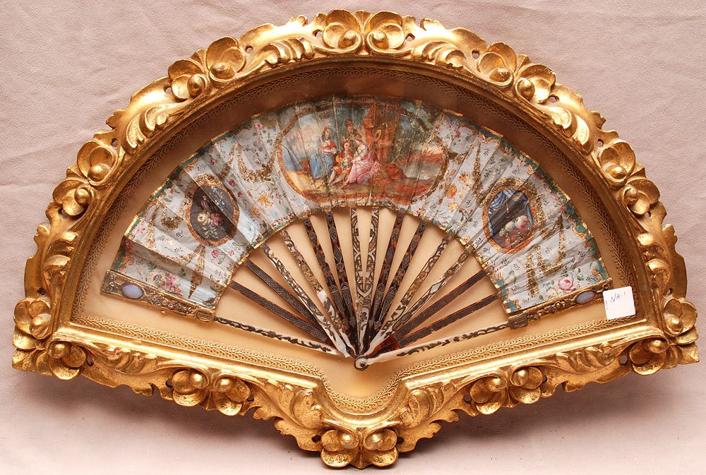 Shadow box framed hand painted fan: Shadow box framed hand painted fan