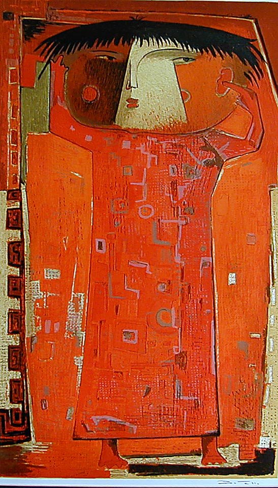 ANGEL BOTELLO (Puerto Rican 1913-1986) SIGNED POSTER A: ANGEL BOTELLO (Puerto Rican 1913-1986) SIGNED POSTER A pencil signed lithograph poster by Angel Botello depicting an abstract figure in red; full margins and not laid down; image size 23"" x 13.5""."