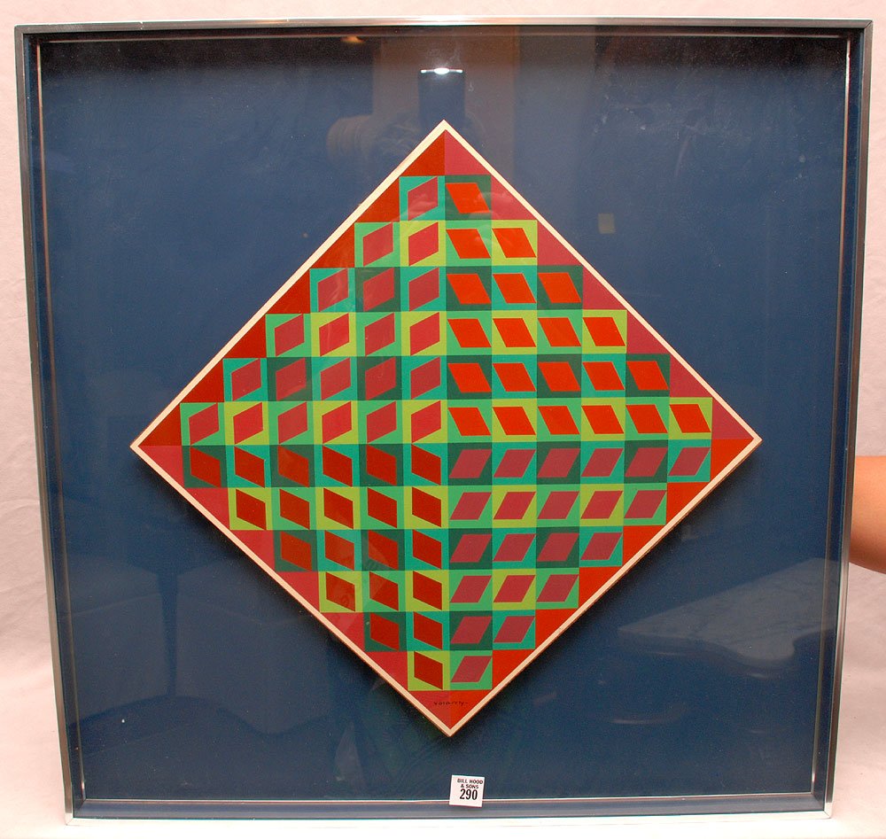 Victor Vasarely (FRENCH/HUNGARIAN, 1906-1997) color: Victor Vasarely (FRENCH/HUNGARIAN, 1906-1997) color screenprint in shadow box type frame, 18-1/2" x 18-1/2"