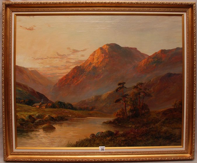 Campbell Scott (United States/United Kingdom, born: Campbell Scott (United States/United Kingdom, born 1930 - ) oil on canvas, mountain river cottage sunset, 24" x 30