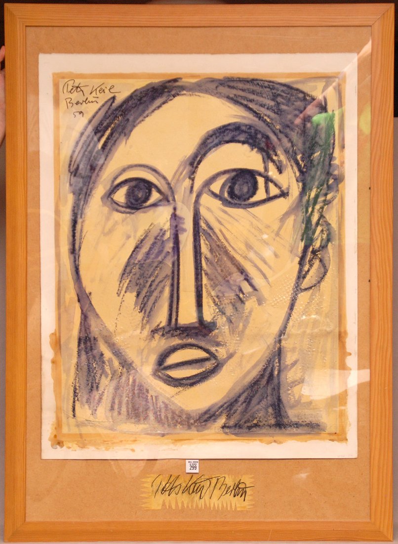 2 pieces sold together: Peter Robert Keil (German born: 2 pieces sold together: Peter Robert Keil (German born 1942 - ) oil abstract portrait 1982 - 32" x 25", and watercolor Berlin 1959 32" x 25"