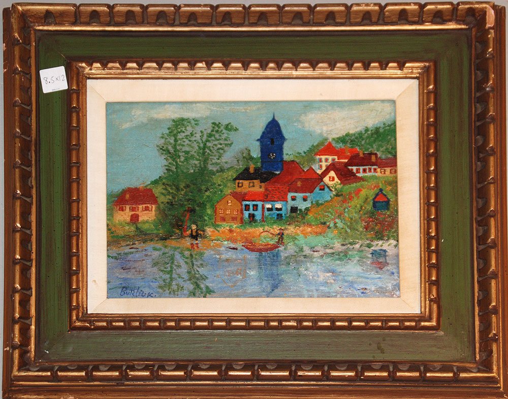 David Davidovich Burliuk (AMERICAN/UKRAINIAN,: David Davidovich Burliuk (AMERICAN/UKRAINIAN, 1882-1967) oil on Canvas panel, Village by lake, fishing, 9" x 12"