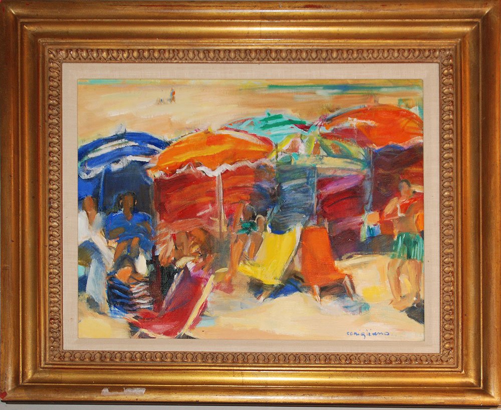 French School 20th Century by CONCHITA CONIGLIANO: French School 20th Century by CONCHITA CONIGLIANO (Continental. Born 1943), Parasols at the Beach, oil on canvas, 15" x 18"