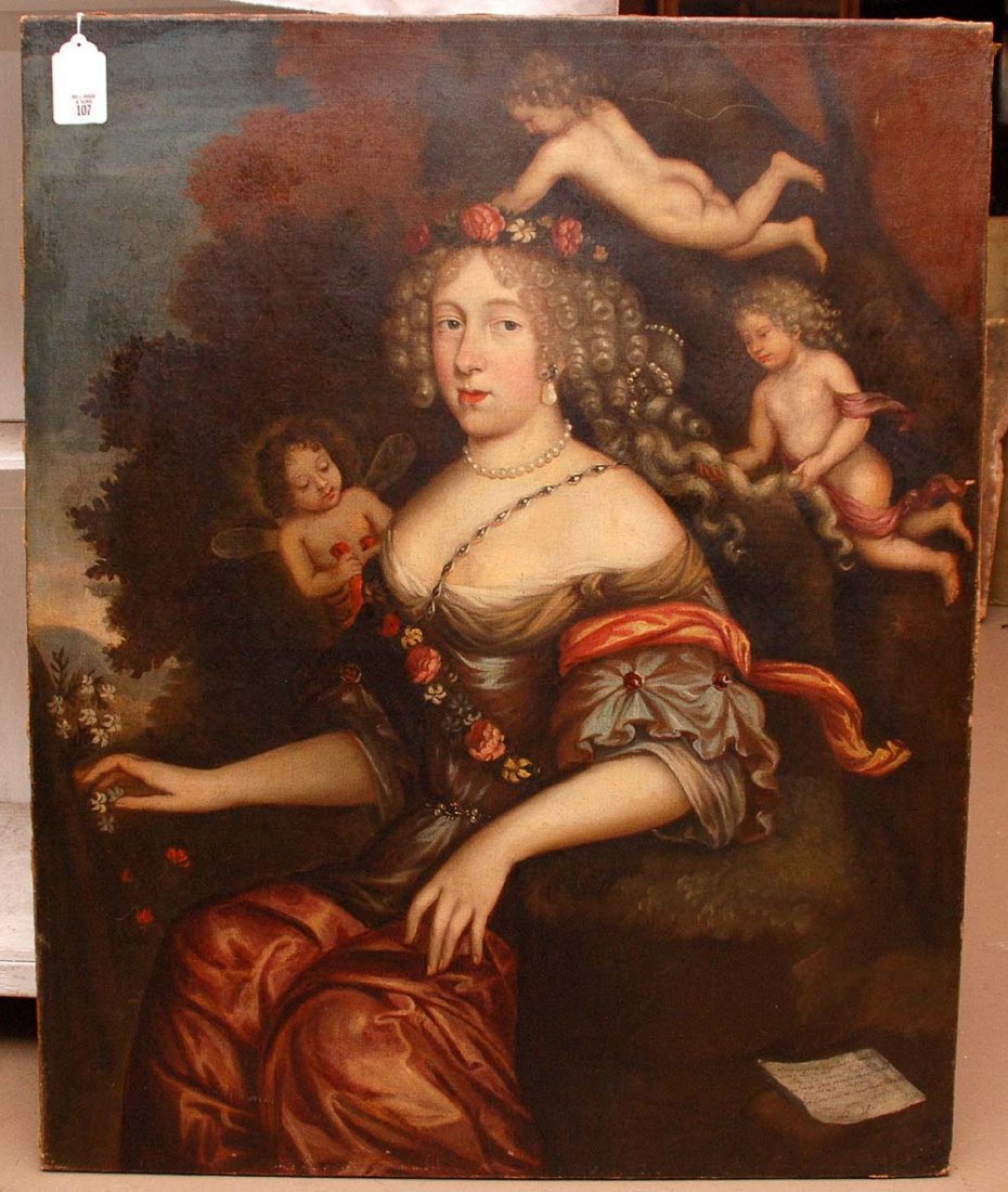 CONTINENTAL SCHOOL 18TH C. O/C OLD MASTER PORTRAIT WOMA: CONTINENTAL SCHOOL 18TH C. O/C OLD MASTER PORTRAIT WOMAN & 3 ANGELS APPROX. 39" X 32" , ILLEGIBLY SIGNED. writing and signature lower right? See images
