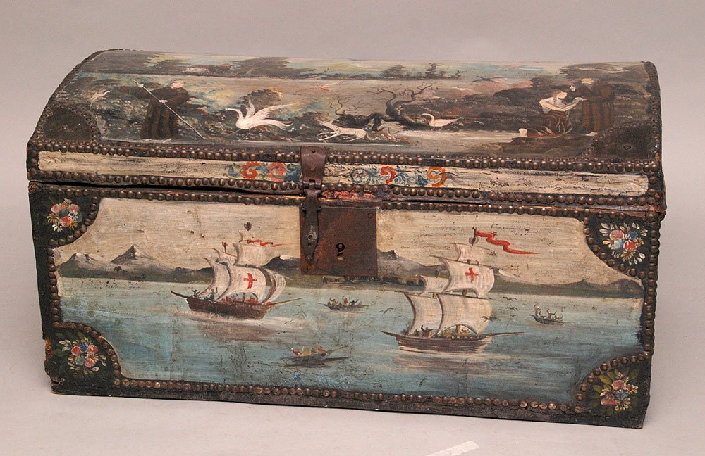 Cuzco Leather clad Trunk, 17th/18th Century Peru. Bird: Cuzco Leather clad Trunk, 17th/18th Century Peru. Birds and religious imagery. Came from Peruvian Family