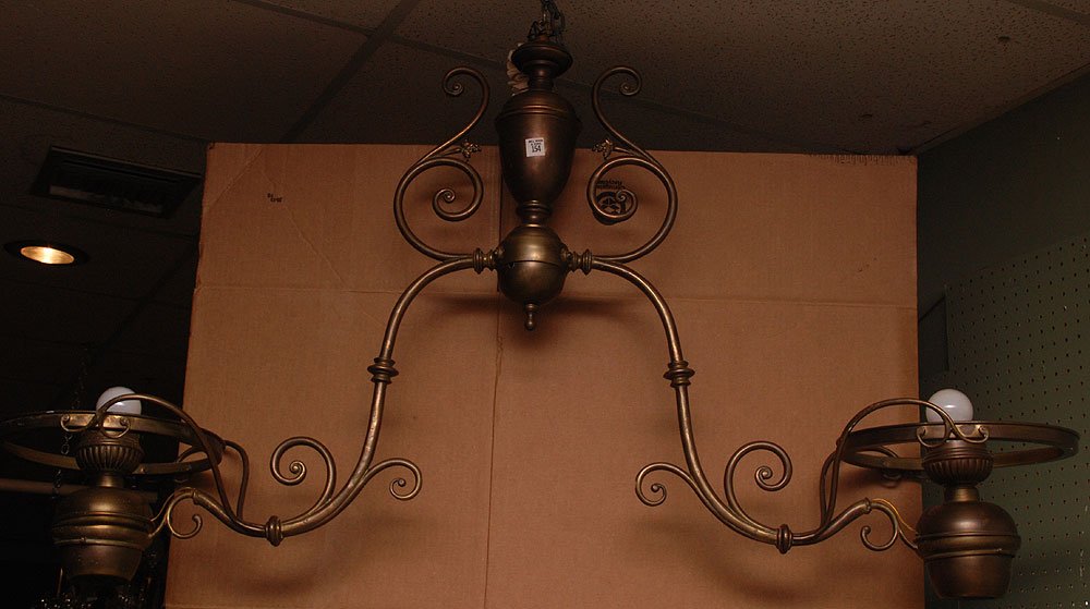 Antique brass double hanging light fixture, 58"w: Antique brass double hanging light fixture, 58"w