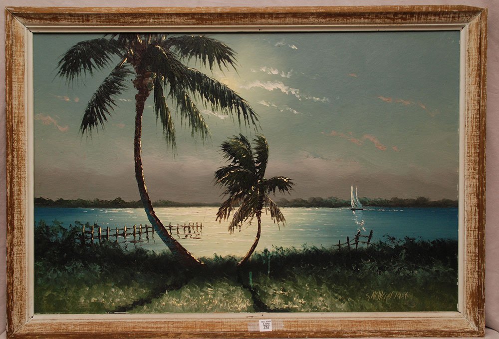 S. NEWTON - FLORIDA HIGHWAYMEN PAINTING - SAILBOAT SUNS: S. NEWTON - FLORIDA HIGHWAYMEN PAINTING - SAILBOAT SUNSET SCENE oil on board, 24 x 36" framed.