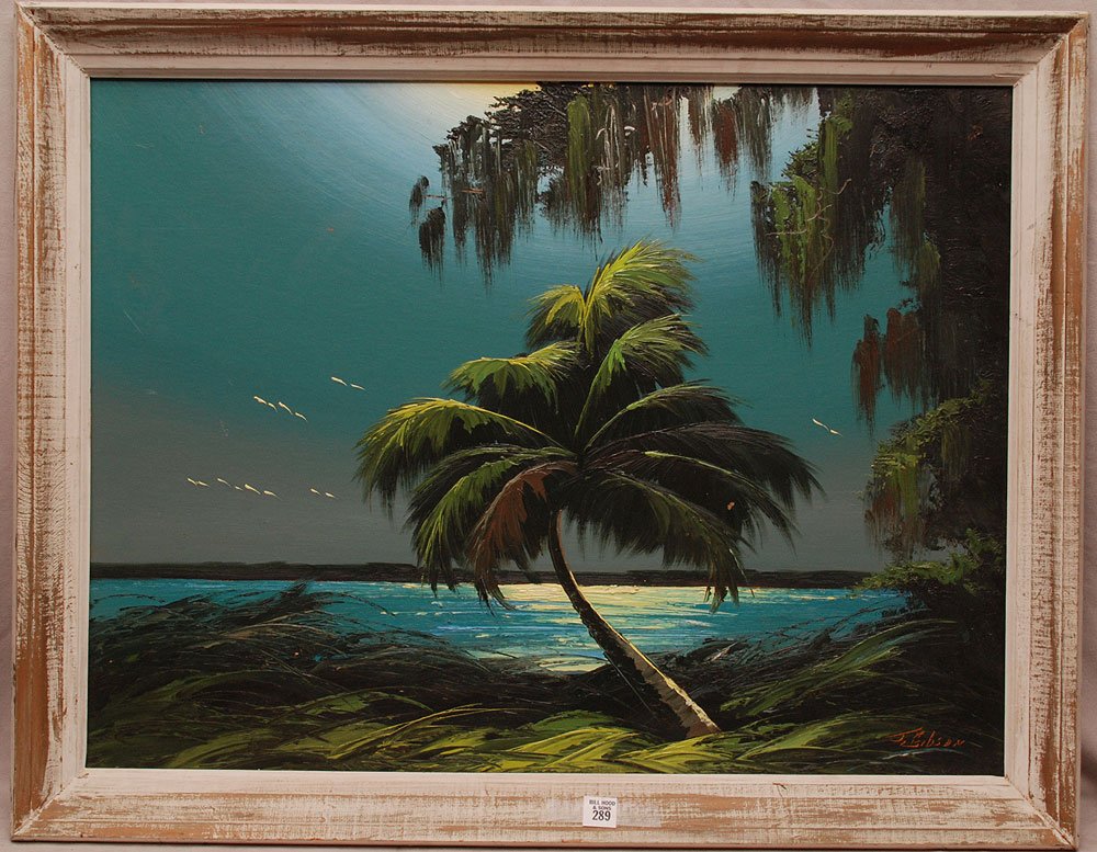FLORIDA HIGHWAYMEN PAINTING by James Gibson (20th Centu: FLORIDA HIGHWAYMEN PAINTING by James Gibson (20th Century Florida) oil on board, palm tree and wetlands view, 22"x29"