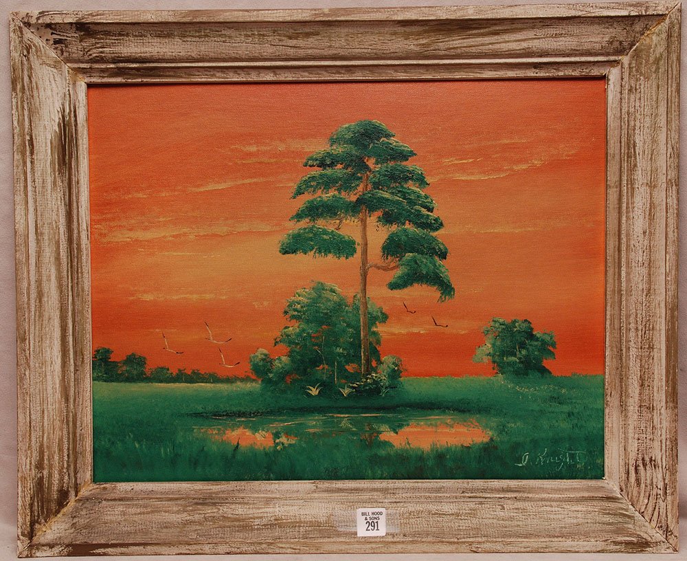 ISAAC KNIGHT FLORIDA HIGHWAYMEN PAINTING American, 20TH: ISAAC KNIGHT FLORIDA HIGHWAYMEN PAINTING American, 20TH century, oil on artist board by Florida Highwaymen artist, Everglades Sunset, 16" x 20" framed.