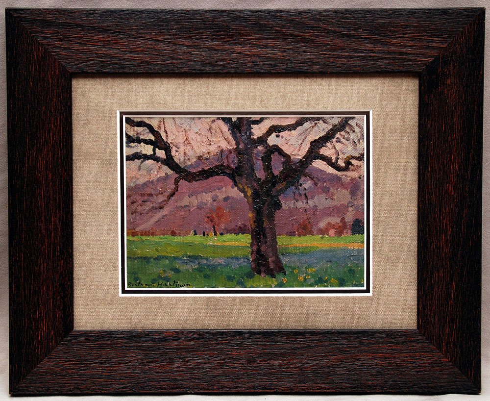 C. Bertram Hartman (AMERICAN, 1882-1960) oil on board, : C. Bertram Hartman (AMERICAN, 1882-1960) oil on board, Landscape - purple mountains & tree, 6" x 8"