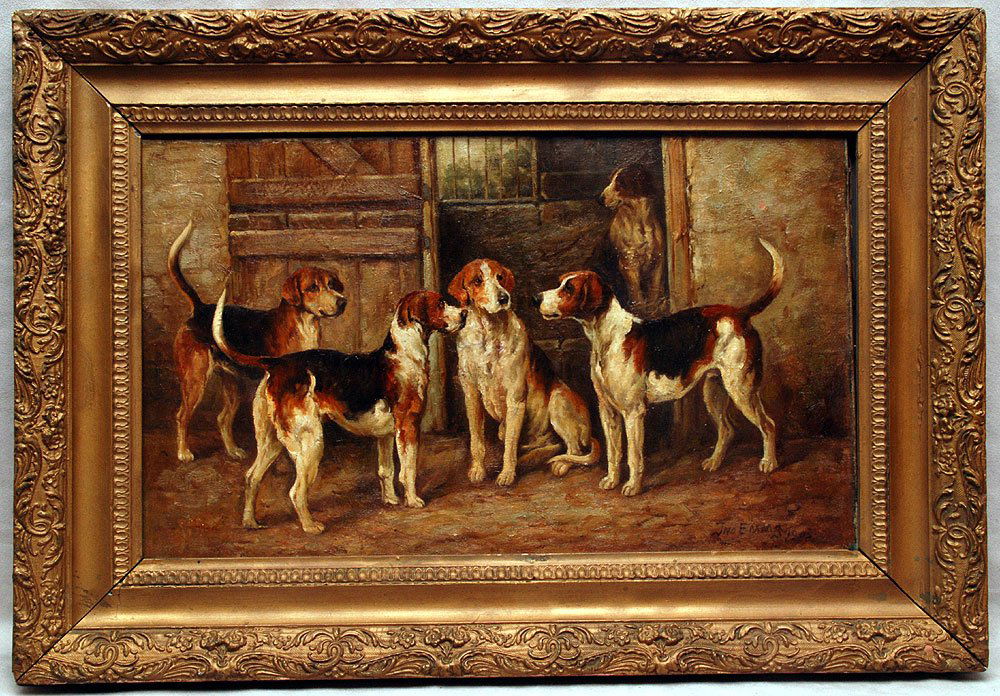John Emms (BRITISH, 1843-1912) oil on canvas, Dogs in t: John Emms (BRITISH, 1843-1912) oil on canvas, Dogs in the Barn, 12" x 20" signed and dated 1903