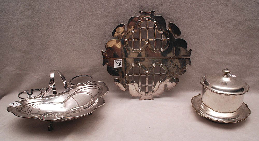 3 pcs. Silver plate, incl; trivet (11"L), covered: 3 pcs. Silver plate, incl; trivet (11"L), covered container (5 1/2"h) and art nouveau design condiment serving dish, (11 1/2 x 5 1/2h)