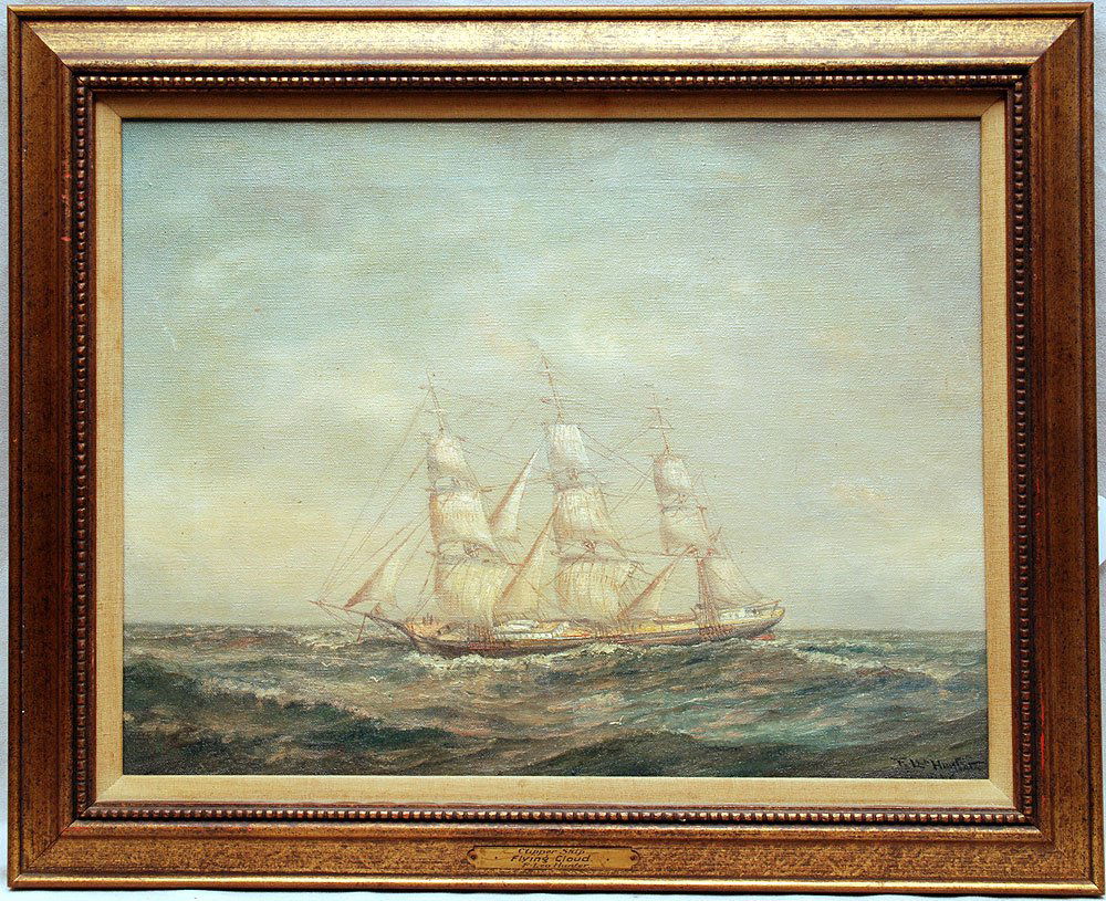 Two Clipper Ship Paintings sold together: Frederick Leo: Two Clipper Ship Paintings sold together: Frederick Leo Hunter (AMERICAN, 1858-1943) Pair- both are oil on canvas, "Flying Cloud" size is 14" x 18" and "Sovereign of the Seas" is signed & dated 1924 -