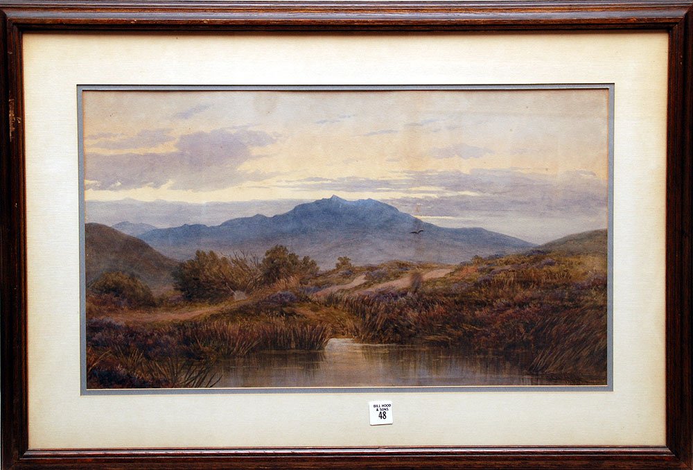 John Carlisle BRITISH signed dated lr 1880, Watercolor,: John Carlisle BRITISH signed dated lr 1880, Watercolor, Landscape - Purple Mtns. 13-1/2" x 23-1/2"