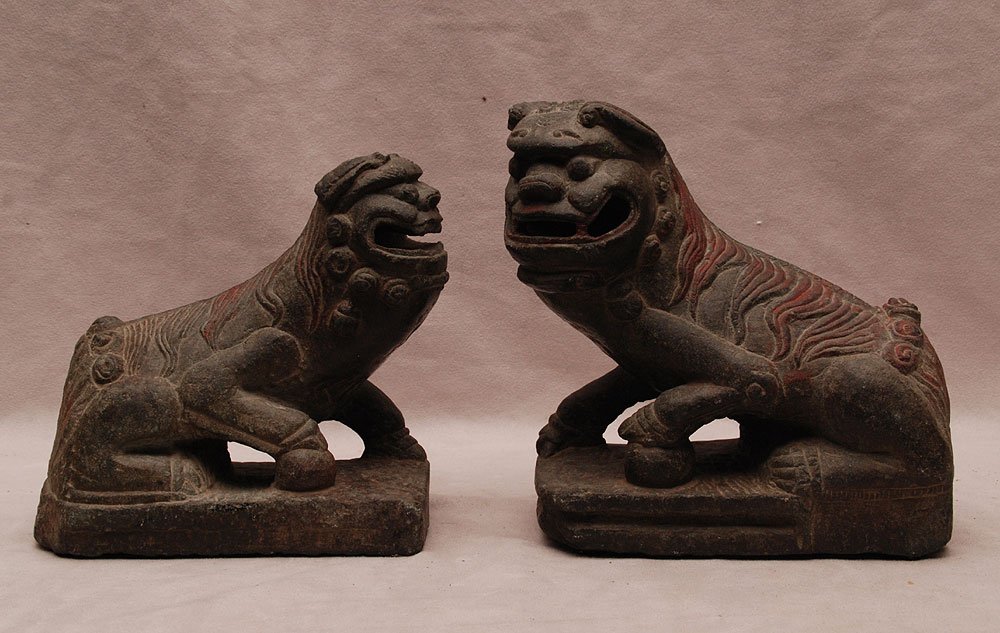 Pair Chinese Schist Foo Lions. Made From Heavy Solid: Pair Chinese Schist Foo Lions. Made From Heavy Solid Stone. These Rare Fine Works have been painstakingly hand carved from the hardest of stone. The undetermined ancient age is further supported by th