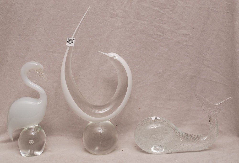 Group of 3 glass sculptures, incl; curved fish (18"h x: Group of 3 glass sculptures, incl; curved fish (18"h x 8"w) (tail has chip), crane (12 1/2"h x 6"w) and whale (8 1/4"h x 12" w) all signed Zanetti