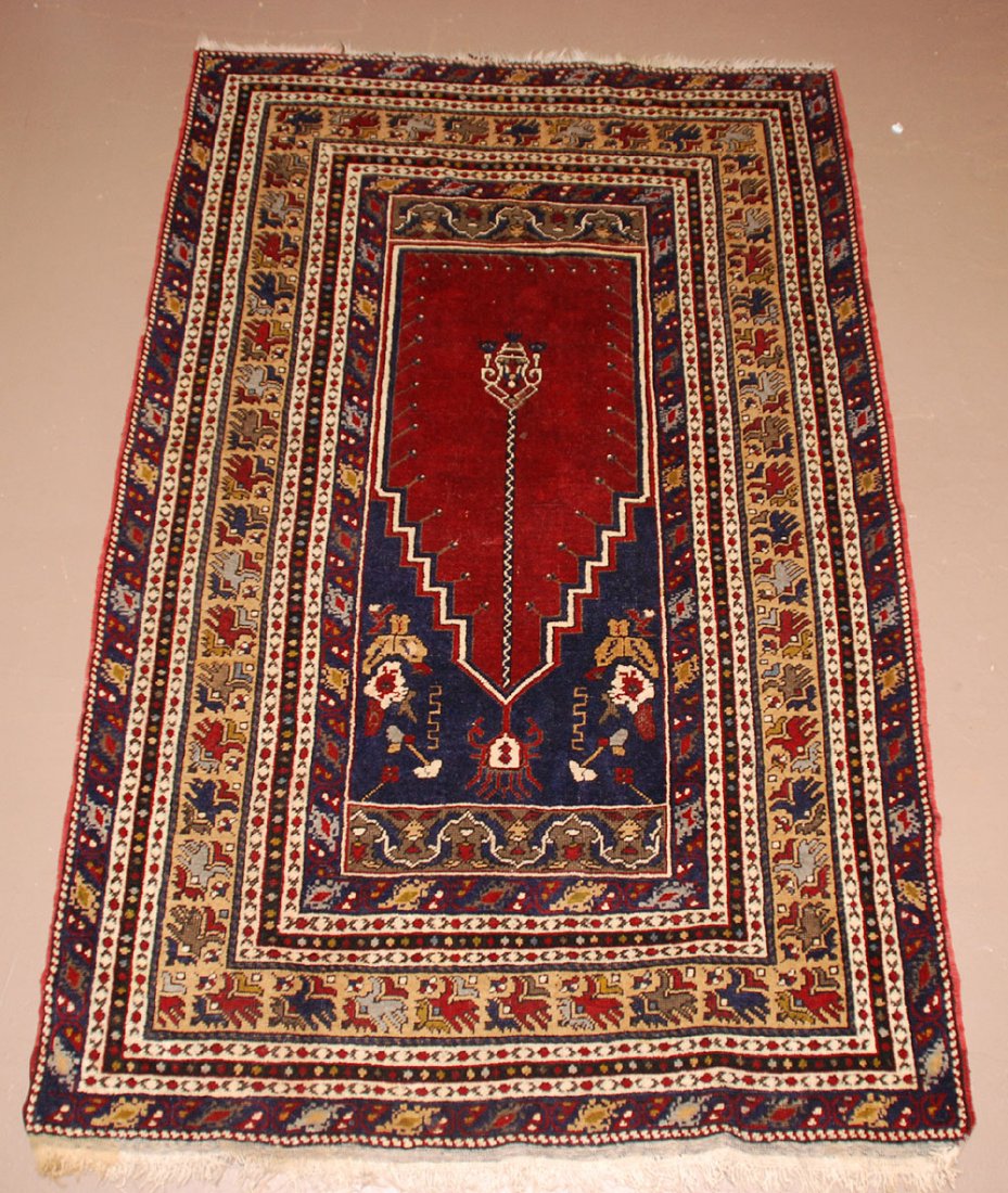 Prayer rug, 9 row border in dark reds and blues, 84" x: Prayer rug, 9 row border in dark reds and blues, 84" x 53"