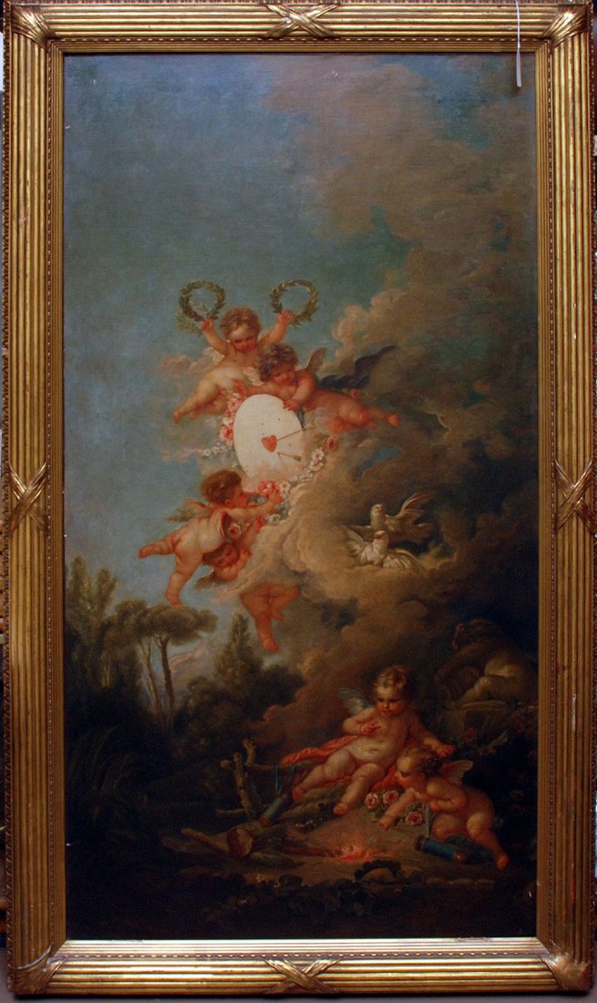 Attributed to François Boucher (FRENCH, 1703-1770) oil: Attributed to François Boucher (FRENCH, 1703-1770) oil on canvas, "Amors Playing"- 6 love putti, 62" x 31". Label and writing on verso, American Art Association Anderson Gallies Inc. writing indicati