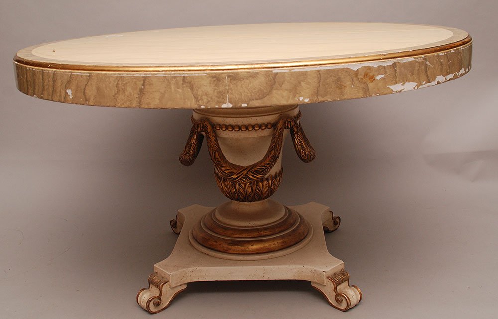Dining table with drape design, center pedestal, faux: Dining table with drape design, center pedestal, faux marble finish on top and gilded edges, 2 leaves (each leaf is 21"d) some flaking, 30"h x 52"dia