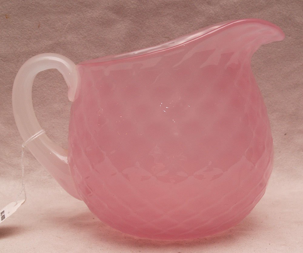 Steuben (or perhaps Stevens & Williams) quilted pink: Steuben (or perhaps Stevens & Williams) quilted pink Rosaline glass pitcher with alabaster handle, this pitcher was made by F. Carder at S&W before he left England and formed Steuben Glass in Corning,
