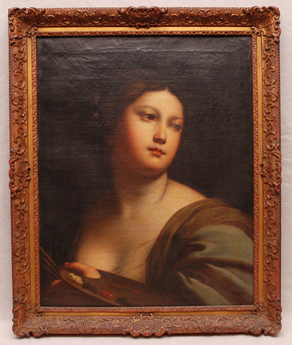 Attributed to John Rogers Herbert R.A. (British: Attributed to John Rogers Herbert R.A. (British 1810-1890). Oil on Canvas of a Court Lady with Gilded Period Carved Frame. Collector & Aristocrat Red Wax Seal Verso. No apparent inpaint. Good overall 