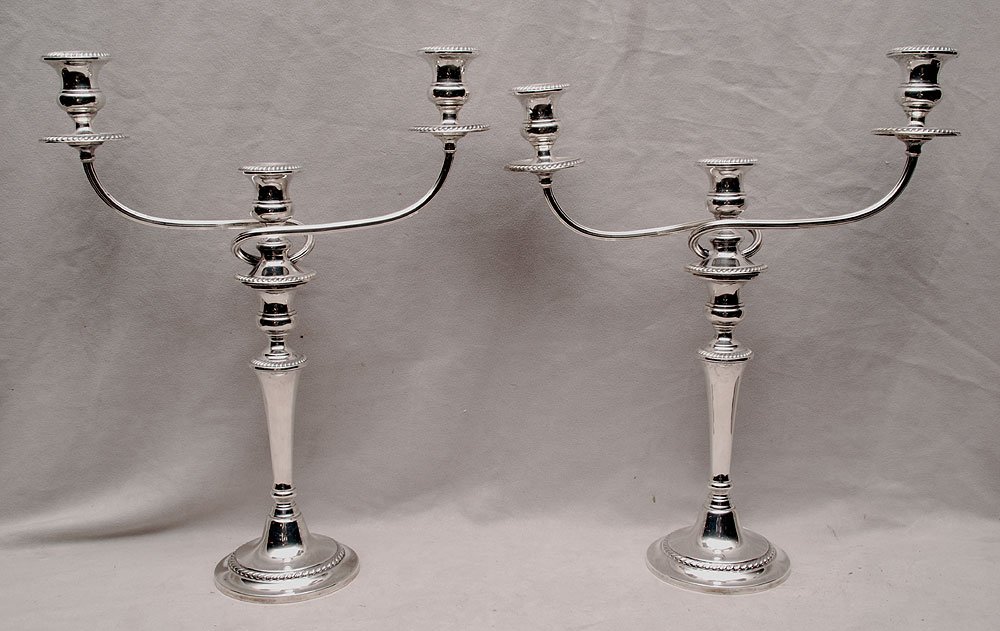 Pair sterling silver double branch candelabra, top part: Pair sterling silver double branch candelabra, top part removable, 17 1/2" x 22" (weighted bottom)