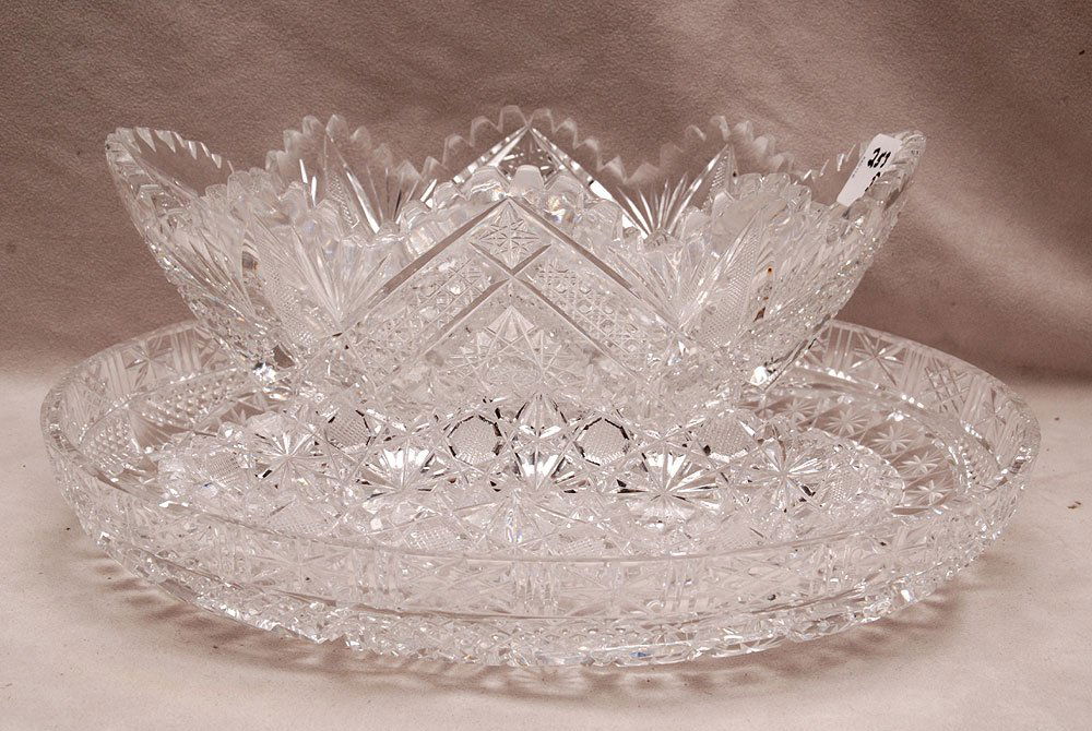 3 old cut glass pcs, incl; small relish dish (7 3/4": 3 old cut glass pcs, incl; small relish dish (7 3/4" L, large circular platter (11 1/2" dia x 1 5/8" h) and boat shape bowl (4"h x 10"w) (a few nicks)