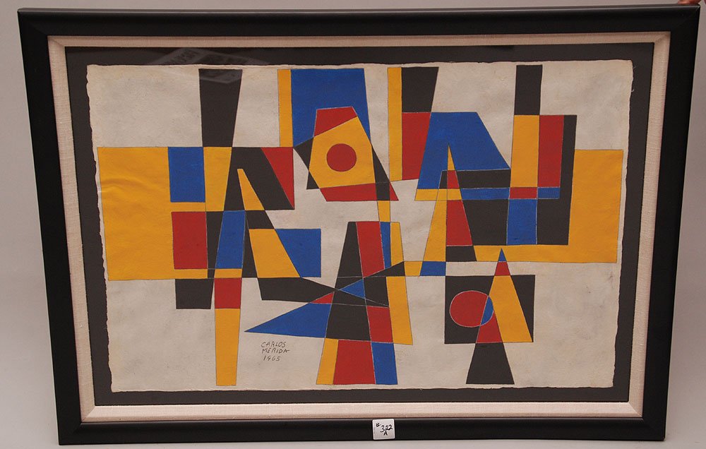 Attributed to Carlos Mérida (GUATEMALAN, 1895-1984): Attributed to Carlos Mérida (GUATEMALAN, 1895-1984) Abstract, oil on paper, Expostion Label on verso, paper size 15" x 23"