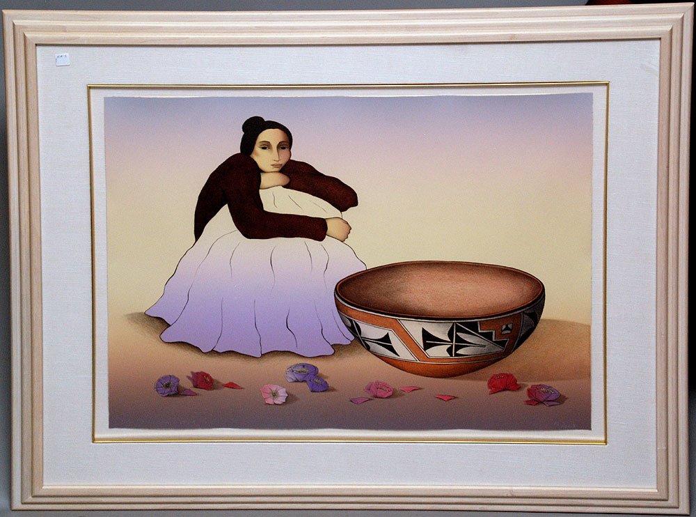 R.C. Gorman (Las Colonial New Mexico, b. 19320),: R.C. Gorman (Las Colonial New Mexico, b. 19320), Lithograph of Woman pottery bowl and flowers, pencil signed and numbered {185/224} dated 1985