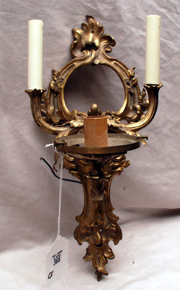 2 antique non matching bronze wall sconces, 18"h x 8"w: 2 antique non matching bronze wall sconces, 18"h x 8"w and 15"h x 7"w