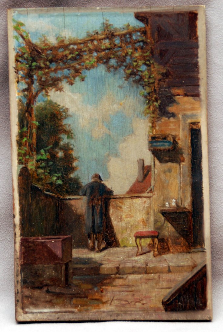 German School attributed to Carl Spitzweg, oil on: German School attributed to Carl Spitzweg, oil on board, Hamburg stamp on verso, 8" x 5"