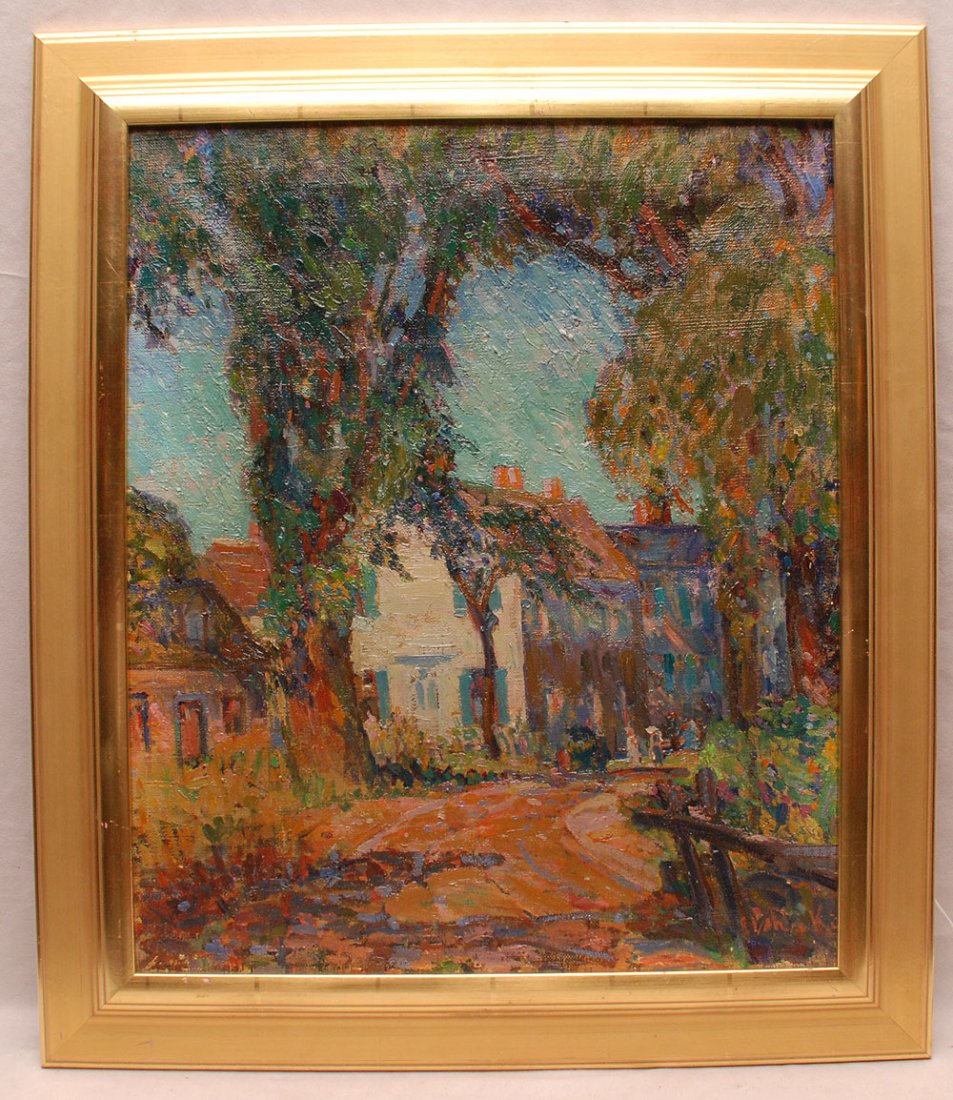 Robert P. Kilbert (AMERICAN, 1880) oil on canvas, New: Robert P. Kilbert (AMERICAN, 1880) oil on canvas, New England Fall street scene, 22" x 18"