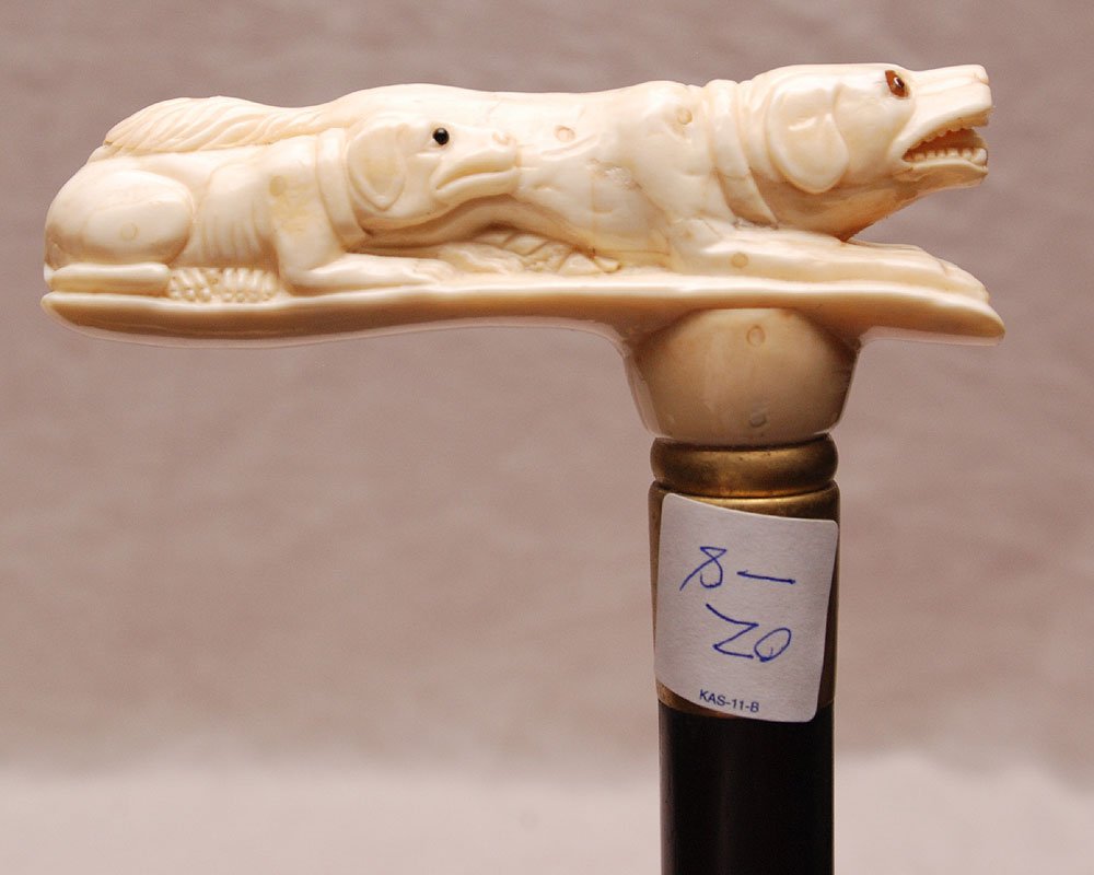 Walking stick with marine ivory dog & pup handle, 33"L: Walking stick with marine ivory dog & pup handle, 33"L
