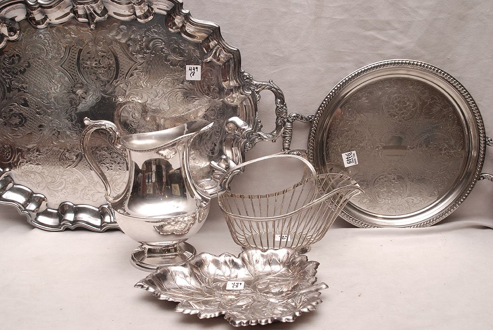 5pcs. Silver plate Christofle, wine caddy, pitcher,: 5pcs. Silver plate, (Christofle) wine caddy, pitcher, leaf tray, round tray and large tray