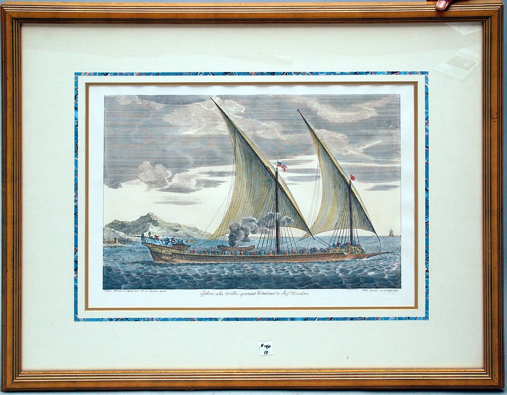 5 colored Ship Prints: After Claude Randon (French,: 5 colored Ship Prints: After Claude Randon (French, 1674-1704) all framed , overall 29" x 36"