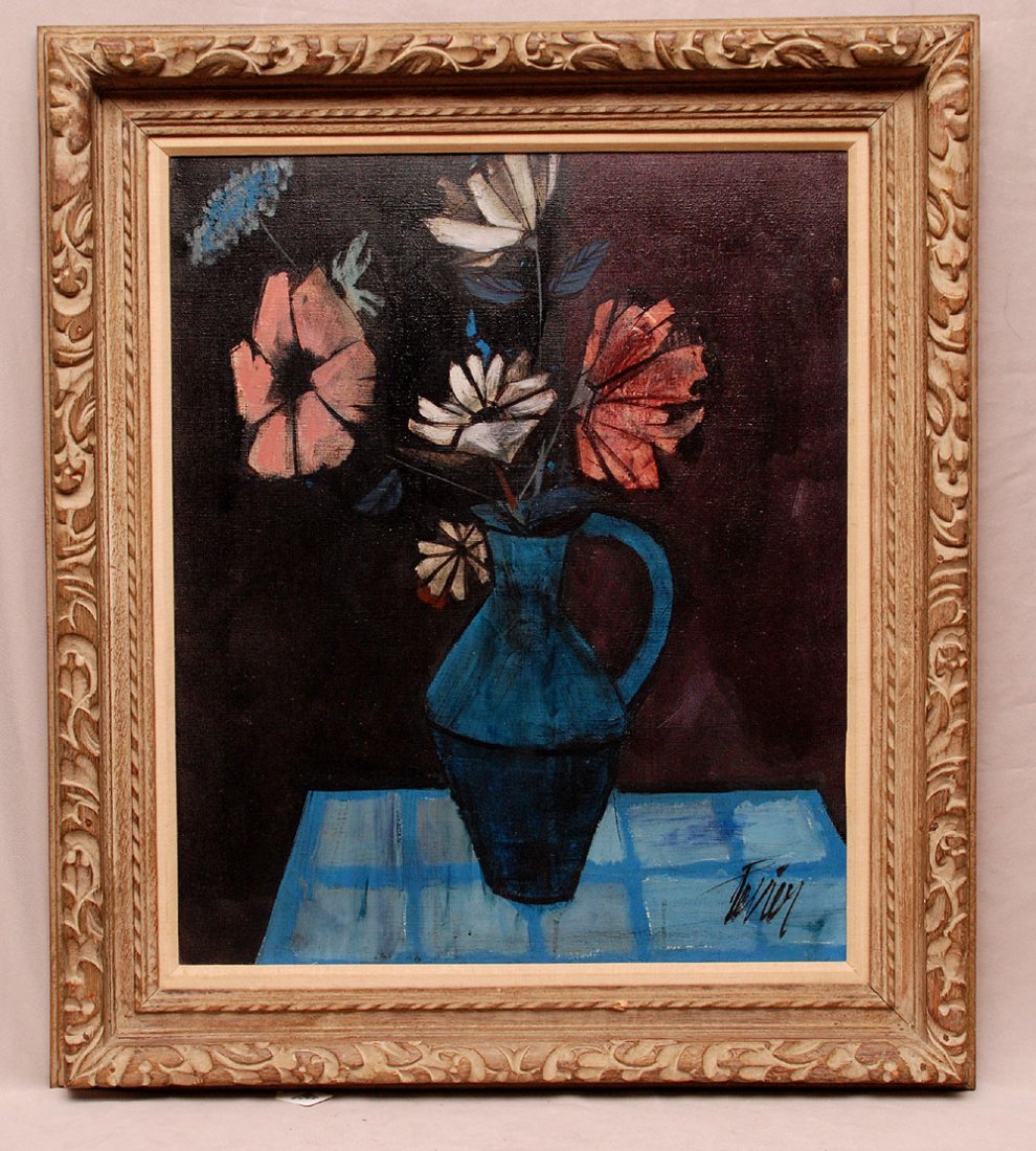 Charles Levier (FRENCH, 1920-2003) oil on canvas, Still: Charles Levier (FRENCH, 1920-2003) oil on canvas, Still life - modernist vase of flowers, signed lower right, also signed & titled verso "Fleurs" 24" x 20"