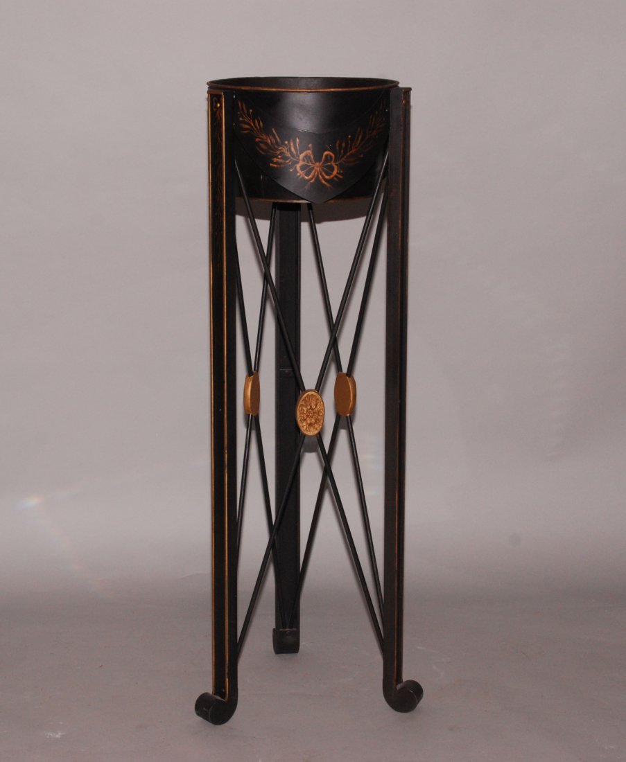 Cast Iron & Tole Planter with gilt decoration. Conditi: Cast Iron & Tole Planter with gilt decoration. Condition: very good. Ht. 48" Dia. 15"