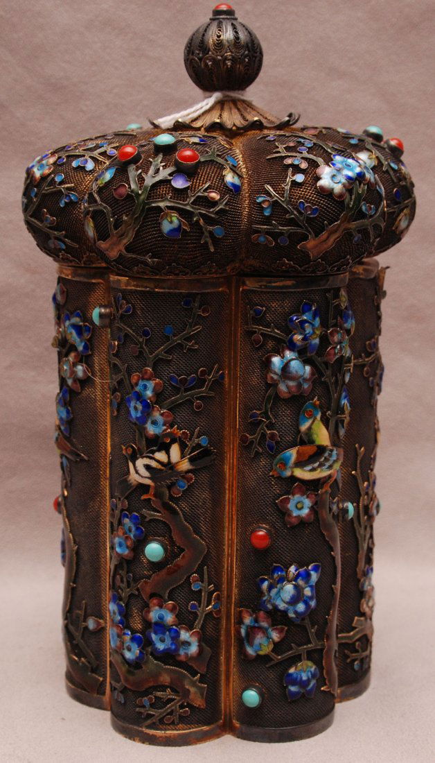 Chinese silver with enamel covered box, has age, 6 3/4": Chinese silver with enamel covered box, has age, 6 3/4"h x 3 3/8"w