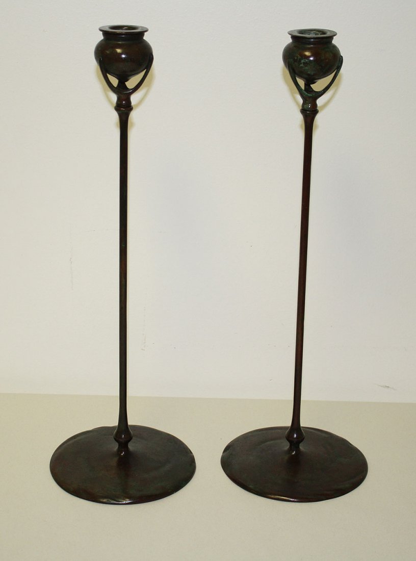 Pair Tiffany Studios Bronze Candlesticks with the impre: Pair Tiffany Studios Bronze Candlesticks with the impressed Tiffany Studios mark and the imressed registry number 1213. Condition: very good. Ht. 16 5/8" Dia. 5 3/8"