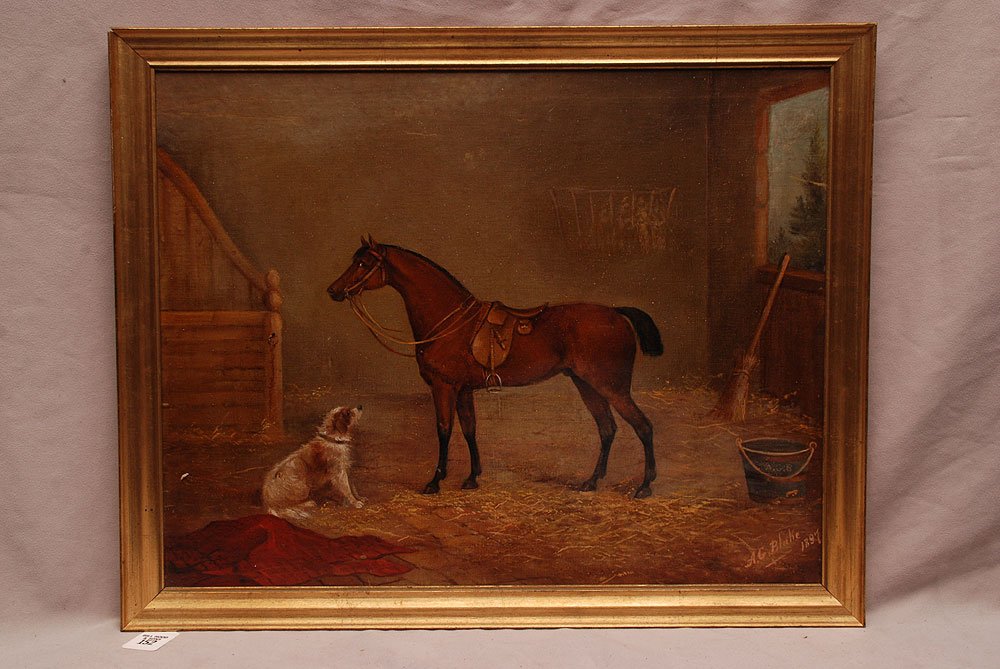 A.G. Blake Continental School oil on canvas, "Horse in : A.G. Blake Continental School oil on canvas, "Horse in a Stable" 16" x 20"
