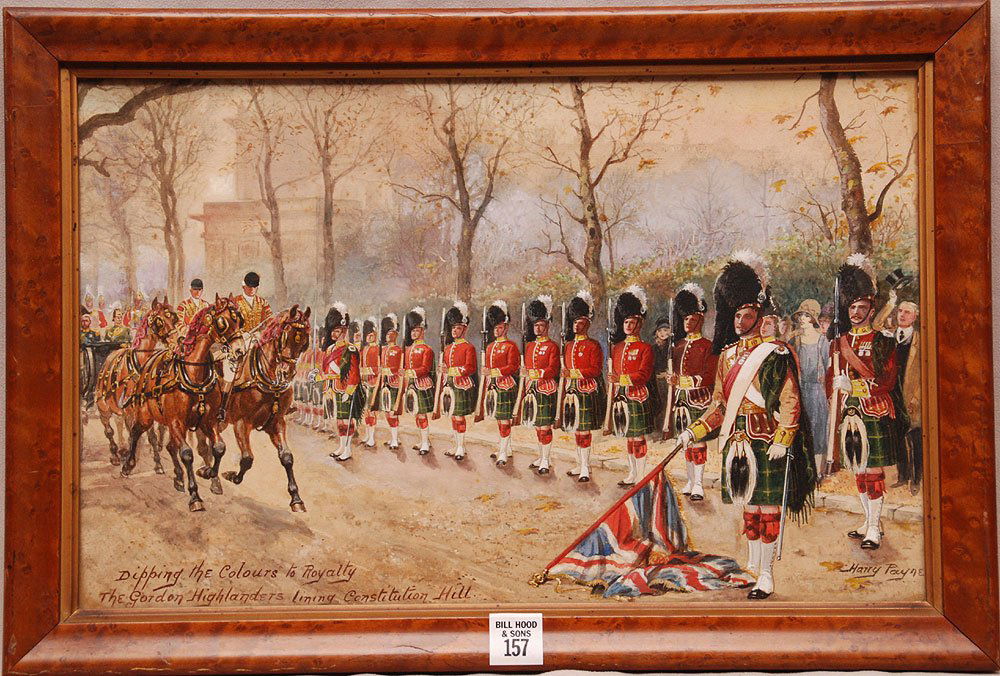 Antique British School Watercolor by Harry Payne, Dippi: Antique British School Watercolor by Harry Payne, Dipping the colours to Royalty, the Gordon Highlanders lining Constitution Hill. Sight 10" x 16"