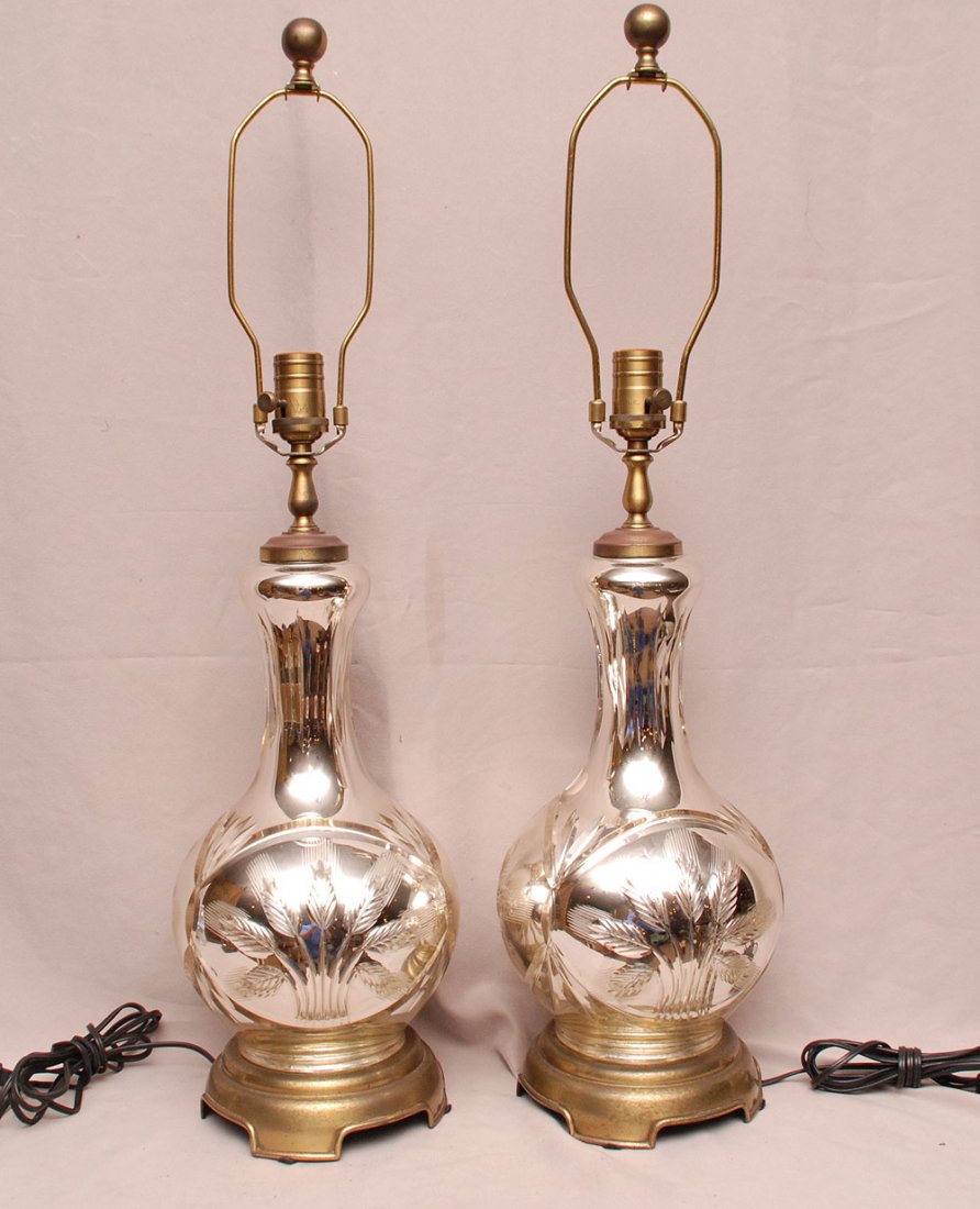 Pair Etched Mercury Glass Lamps. Condition: very good.: Pair Etched Mercury Glass Lamps. Condition: very good. Ht 16"
