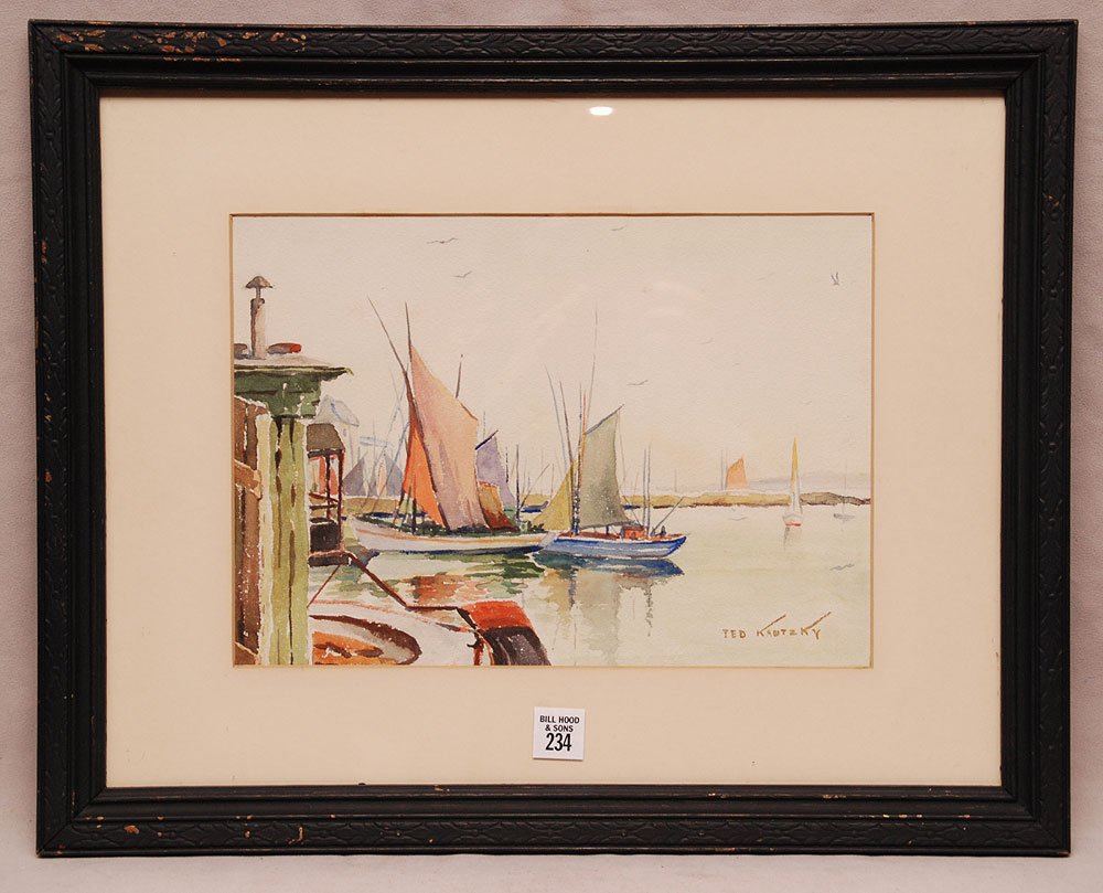 Theodore Kautzky (AMERICAN, 1896-1953) Watercolor sailb: Theodore Kautzky (AMERICAN, 1896-1953) Watercolor sailboats at dock, 9" x 12-1/2"