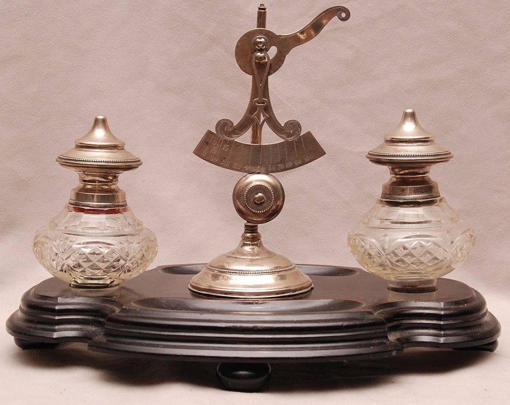 Ebony & Silverplate Inkwell with Scale. Condition: ver: Ebony & Silverplate Inkwell with Scale. Condition: very good. Lth 12" H. 9"